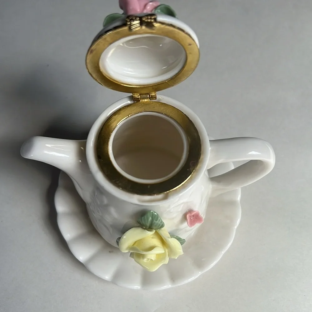 Mini Tea Pot Off White Fine Porcelain Capodimonte Yellow Rose FloralTrinket Box